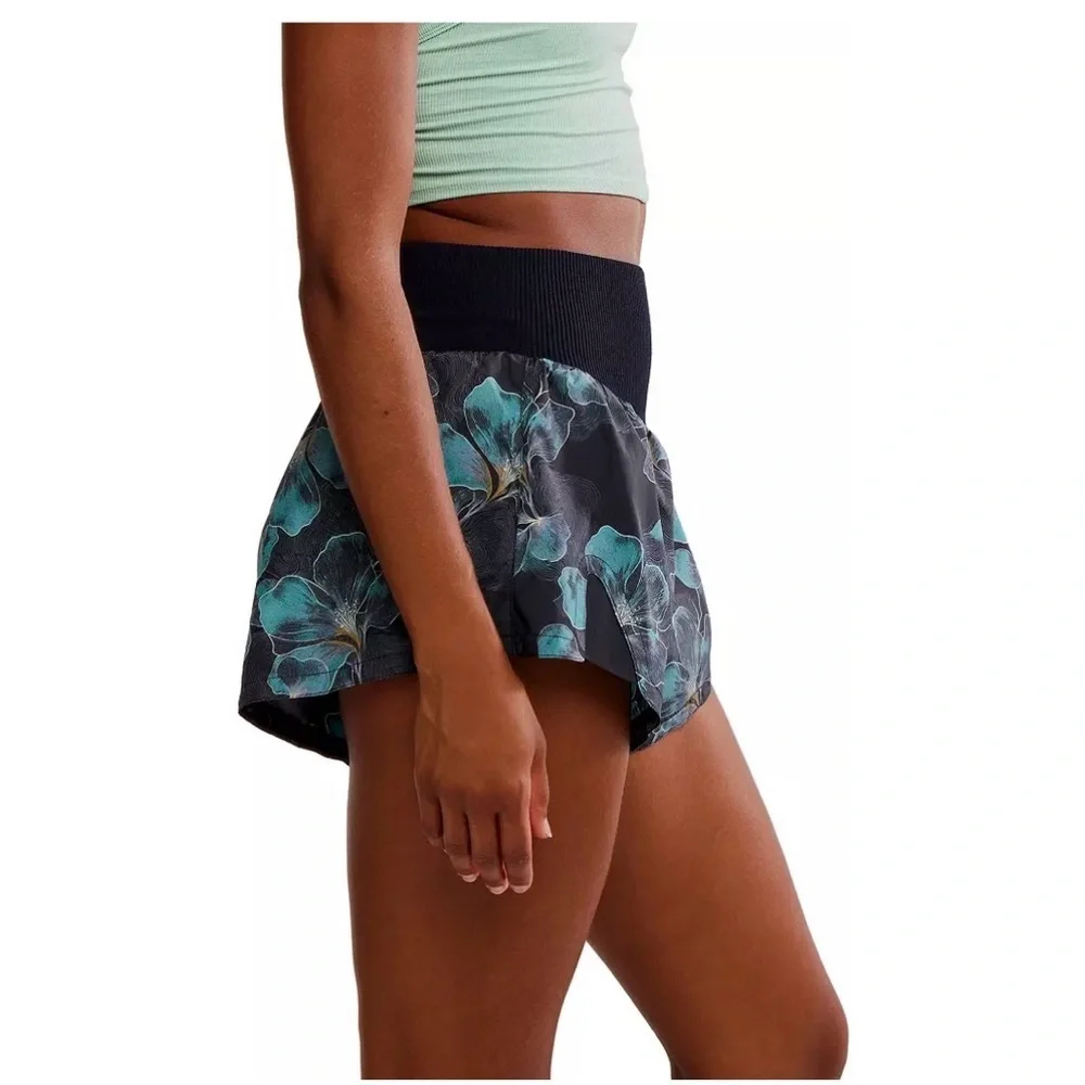 Free People Black and Blue Floral Carpe Diem Athletic Shorts NWT Size Small